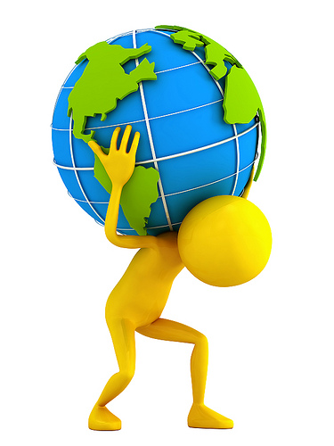 stick man carrying globe